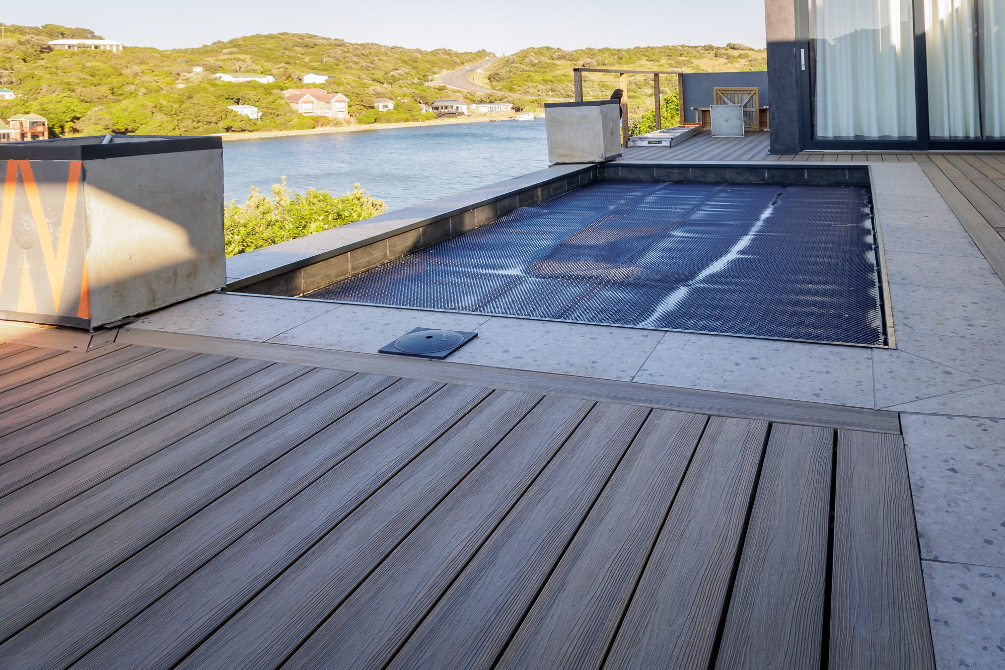 Rooftop composite deck at golden hour